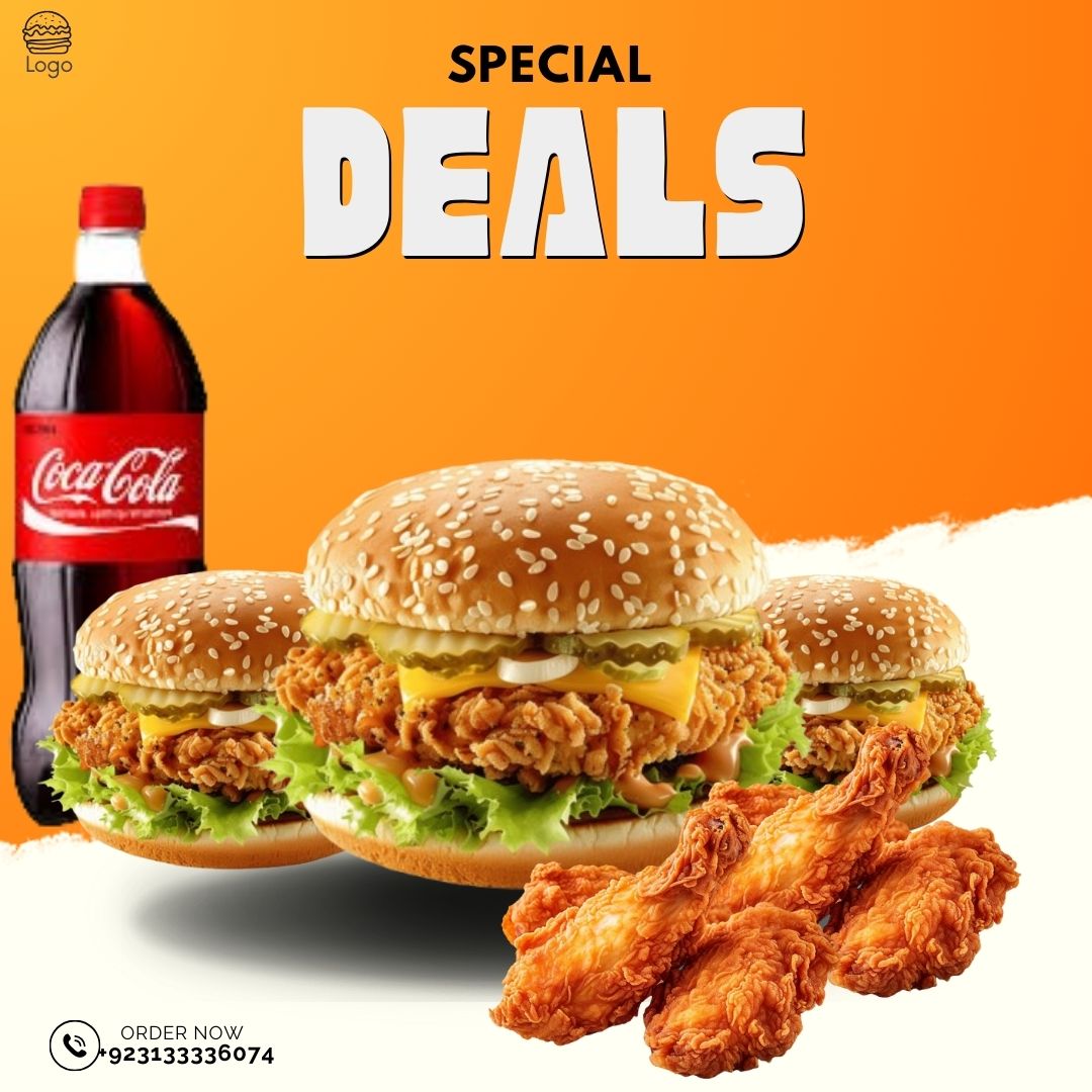 Deal # 7 : 3 zinger Burger + 3 pcs Chicken + 1.5 Ltr  Drink
